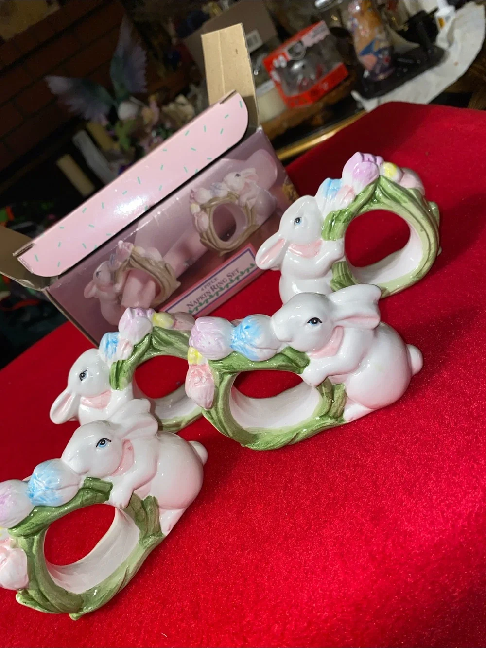 Vintage Mervy ‘s Pastel Bunny Napkin Ring Set Of 4 - Pink, Green, Blue